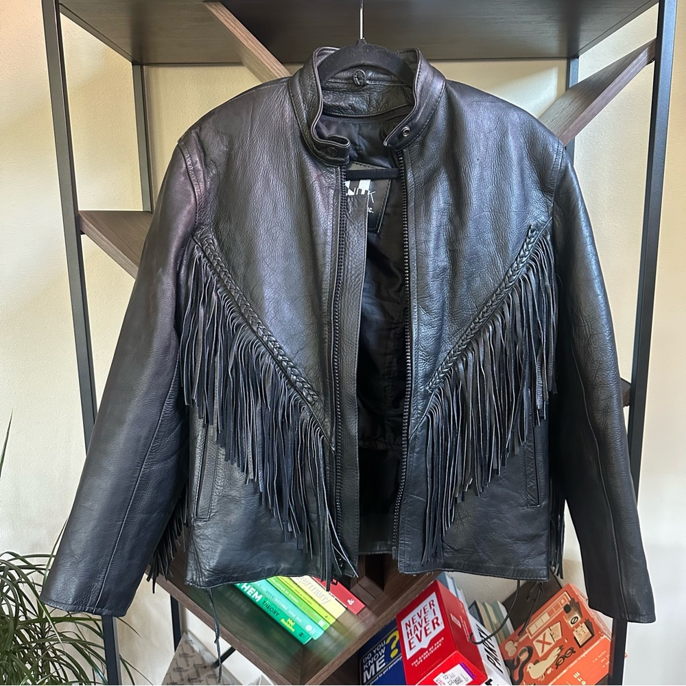 Fringed Black Leather Jacket Cowgirl Western Moto Vintage